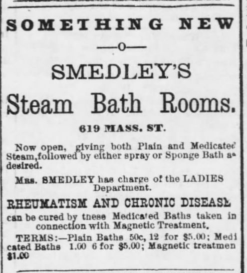 Kristin Holt | Old West Bath House. Medicated Steam Baths at Smedley's. Advertised in Lawrence Daily Journal of Lawrence, Kansas, on June 29, 1888.