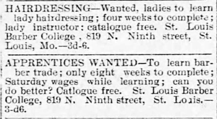 Kristin holt | Victorian Ladies' Hairdressers. St. Louis Barber College trains barbers and ladies hairdressers. The Decatur Herald of Decatur, Illinois, on September 4, 1895.