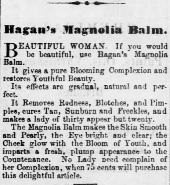 Cures Suntan! Gallipolis Journal of Gallipolis, Ohio on January 20, 1870. Part of Freckles, Complexions, Cosmetics, and Victorian Beauty Concoctions.