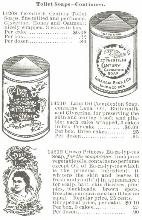 Toilet soaps for the complexion--will do away with sunburn, suntan, and freckles. For sale in the Montgomery Ward & Co. Spring and Summer Catalog, 1895. Posted in Freckles, Complexions, Cosmetics, and Victorian Beauty Concoctions by Author Kristin Holt. 
