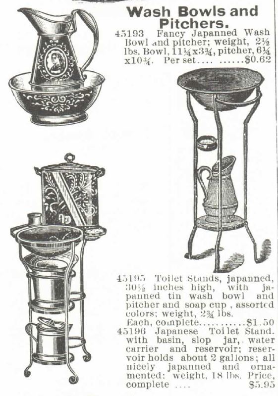 Kristin Holt | Old West Bath Tubs. Wash Bowls, Pitchers, and Japanned Toilet Stands, for sale in the Montgomery, Ward & Co. 1895 Catalog.