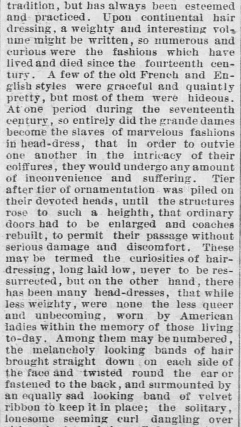 Kristin Holt | Styling Ladies' Hair, American 19th Century. Forth Worth Daily Gazette of Fort Worth, Texas on February 24, 1889. Part 4.
