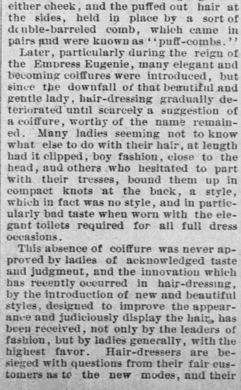 Kristin Holt | Styling Ladies' Hair, American 19th Century. Forth Worth Daily Gazette of Fort Worth, Texas on February 24, 1889. Part 5.