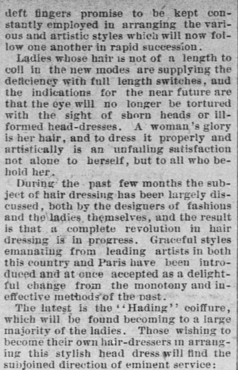 Kristin Holt | Styling Ladies' Hair, American 19th Century. Forth Worth Daily Gazette of Fort Worth, Texas on February 24, 1889. Part 6.