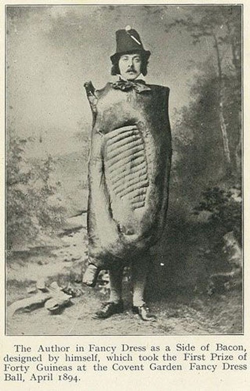 Kristin Holt | Victorian America Celebrates Halloween. Fancy Dress Costume Ball: Prizewinning costume, "Side of Bacon". [Source]