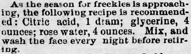 Freckle Treatment. Promoted in the Harrisburg Telegraph of Harrisburg, Pennsylvania, on April 14, 1877.