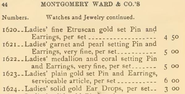 Kristin Holt | 19th Century Earrings: Fact or Fiction? Ear Drops advertised in the Montgomery Ward & Co. Catalog (mail-order) in 1875.
