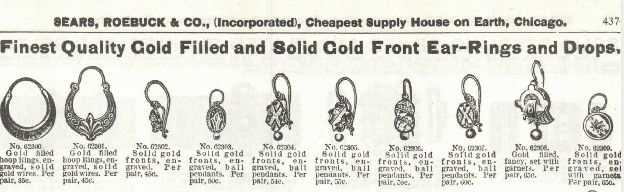 Kristin Holt | 19th Century Earrings: Fact or Fiction? Ear drops and earrings for sale in the Sears Roebuck & Co. catalog, 1897.