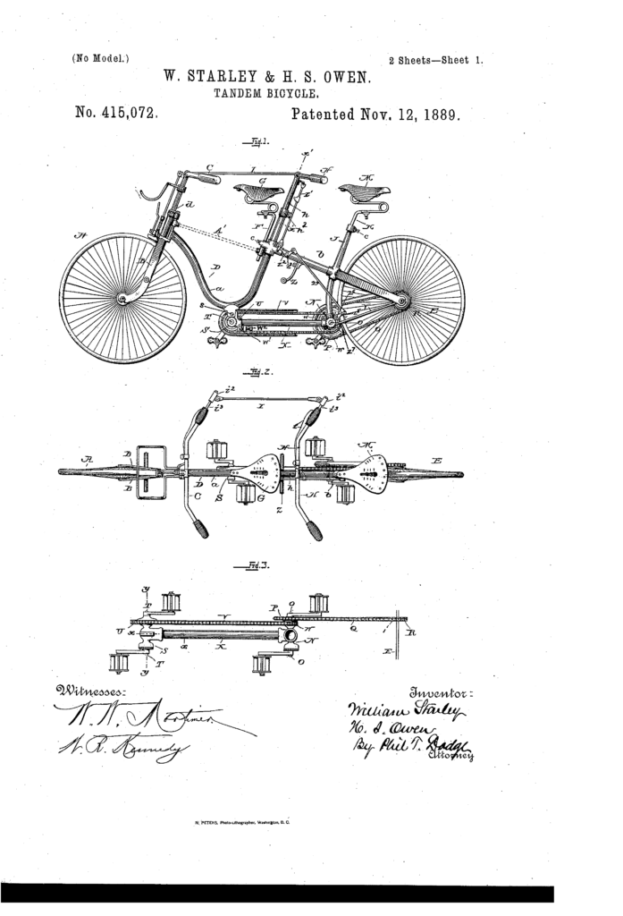 Kristin Holt | Bicycle Built for Two. Patent image: W. Starley and H. S. Owen Tandem Bicycle, U.S. Patent No. 415,072, dated November 12, 1889.