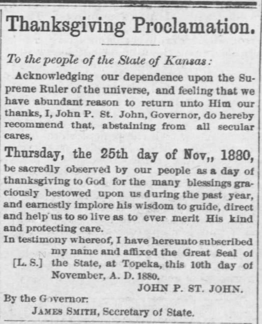 Kristin Holt | This Day in History: November 16. From The Daily Commonwealth of Topeka, Kansas on November 16, 1880. Thanksgiving Proclamation issued by the Governor, John P. St. John.