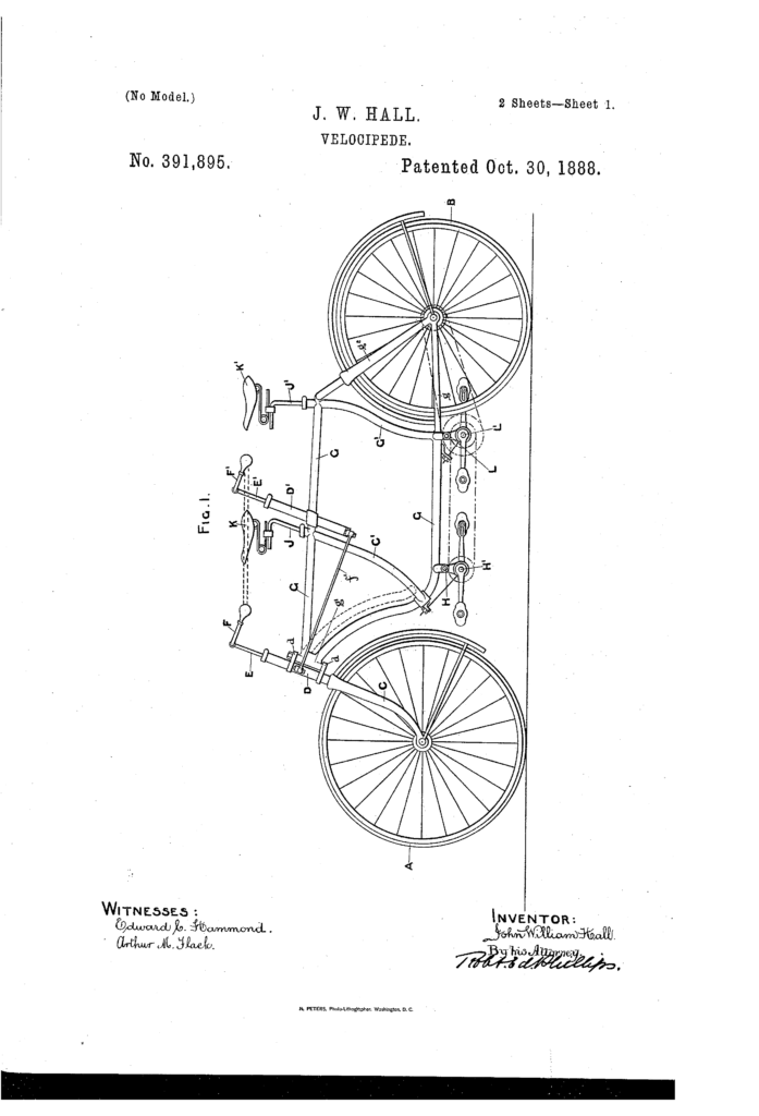 Kristin Holt | Bicycle Built for Two. Patent image: Hall Tandem Bicycle, U.S. Patent No. 391,895, dated October 30, 1888.