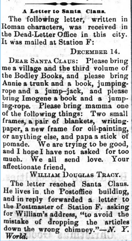 Kristin Holt | Victorian Letters to Santa. The Wilmington Morning Star of Wilmington, North Carolina, on December 24, 1878.