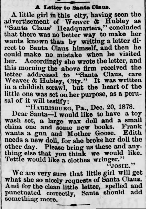 Kristin Holt | Victorian Letters to Santa. Harrisburg Telegraph of Harrisburg, Pennsylvania, on December 21, 1878.
