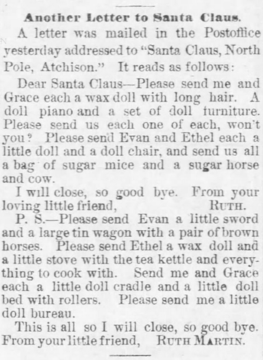 Kristin Holt | Victorian Letters to Santa. The Atchison Daily Champion of Atchison, Kansas, on December 21, 1883.