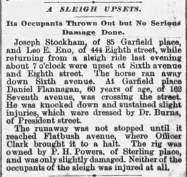 Kristin Holt | How to Conduct a Victorian Sleigh Ride. Sleigh Upset, It's Occupants Thrown Out but No Serious Damage Done; a pedestrian struck by runaway horse-drawn sleigh. Published in Brooklyn Times-Union of Brooklyn, New York, March 8, 1890.
