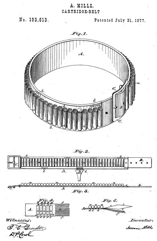 Kristin Holt | Armed Gunmen: Holsters, Braces, and Scabbards. A. Mills Cartridge Belt, U.S. Patent No. 193,613, Patented July 31, 1877 to Inventory Anson Mills. Image: Google