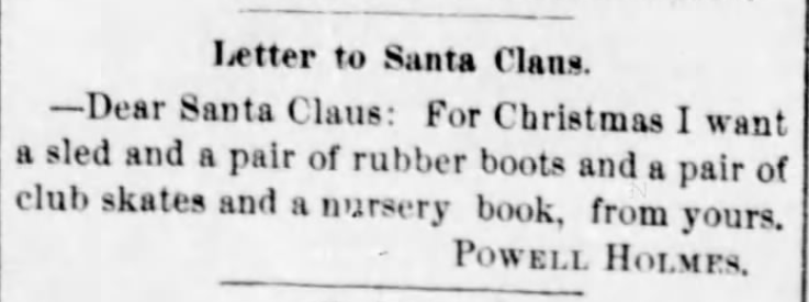 Kristin Holt | Victorian Letters to Santa. The Pantagraph of Bloomington, Illinois, on December 23, 1879.