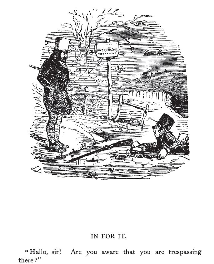 Kristin Holt | Victorian Era Ice Cutting, Part 1. Humorous Illustration: In For It. Trespasser has fallen through the ice. Image appeared in a Victorian-era book titled XXXX