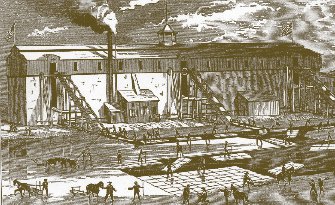 Kristin Holt | Nineteenth Century Ice Cutting, part 2. View of an ice harvesting operation, showing the storage house, boiler house, and three elevators, as well as various operations on the ice. From Appletons' Cyclopaedia of Applied Mechanics, published in 1885.