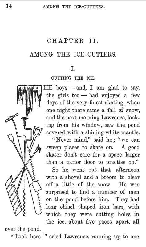 Kristin Holt | Nineteenth Century Ice Cutting, Part 2. Chapter 2: Among the Ice-Cutters. Illustrated chpater header also showing hand-cutting tools in vintage line-art drawings.