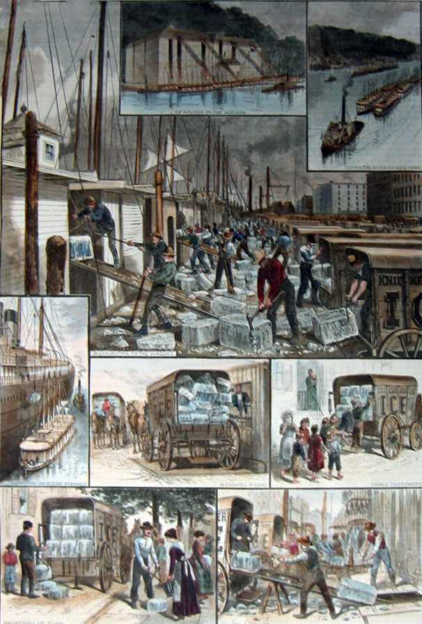 Kristin Holt | Nineteenth Century Ice Cutting, Part 1. The ice trade around New York City; from top: ice houses on the Hudson River; ice barges being towed to New York; barges being unloaded; ocean steamship being supplied; ice being weighed; small customers being sold ice; the "uptown trade" to wealthier customers; an ice cellar being filled; by F. Ray, Harper's Weekly, 30 August 1884