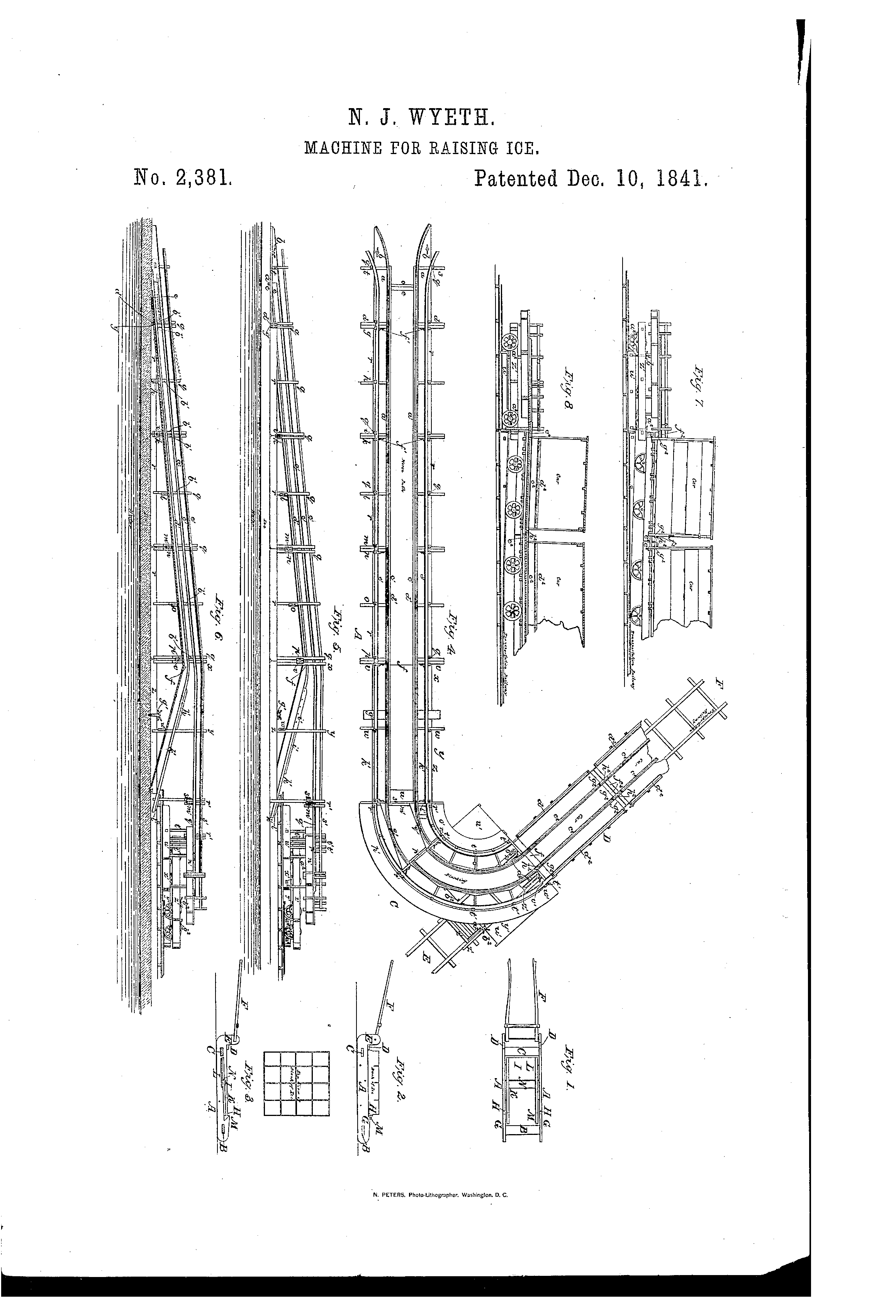 Kristin Holt | Nineteenth Century Ice Cutting, Part 1. United States Patent No. 2,381. Machine for Raising Ice awarded to NJ Wyeth. Patented Dec 10, 1841/