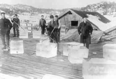Kristin Holt | Nineteenth Century Ice Cutting, Part 3. Vintage Photograph: men working with ice tongs moving blocks at an ice cutting operation. Image courtesy of Canal Museum, United Kingdom.