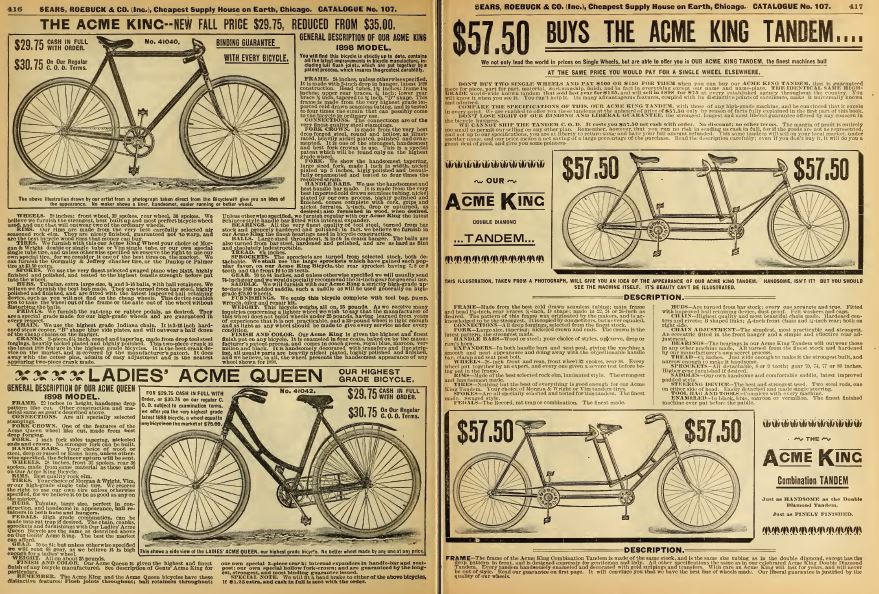 Kristin Holt | Bicycle Built for Two. Full-page spread from Sears, Roebuck & Co. Catalogue 1898 #107, illustrating tandem bicycles, along with bikes for men and women.