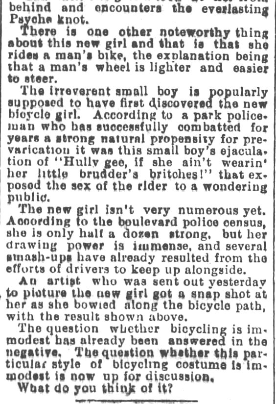Kristin Holt | Victorian Bicycling Etiquette. 4 of 4. Newspaper article titled: The Latest Development: Can the Ugly Bloomer Survive Beside This Trim Suit?" Los Angeles Herlad, July 14, 1895.