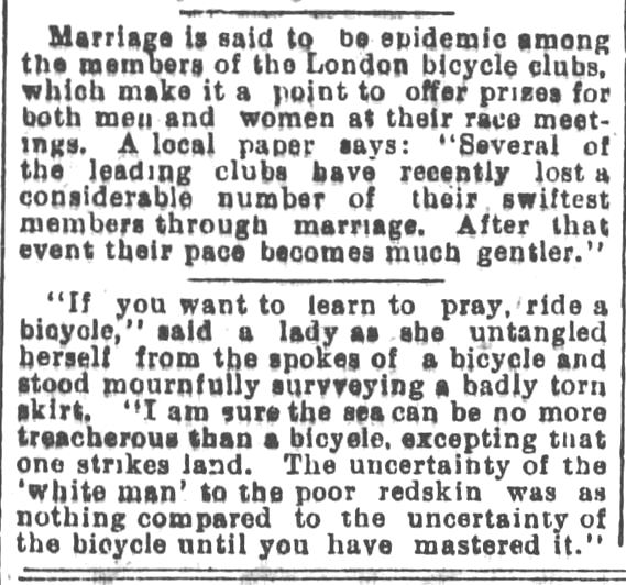 Kristin Holt | Victorian Bicycling Etiquette. Newspaper article begins "Marriag eis said to be epidemic among the members of the London bicycle clubs..." published in Los Angeles Herald on July 14, 1895.