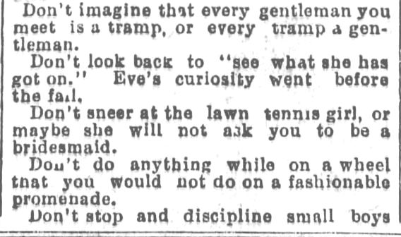 Kristin Holt | Victorian Bicycling Etiquette. 6 of 9. From Los Angeles Herald, July 14, 1895.