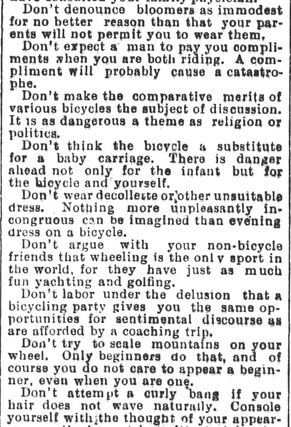 Kristin Holt | Victorian Bicycling Etiquette. 8 of 9. From Los Angeles Herald, July 14, 1895.