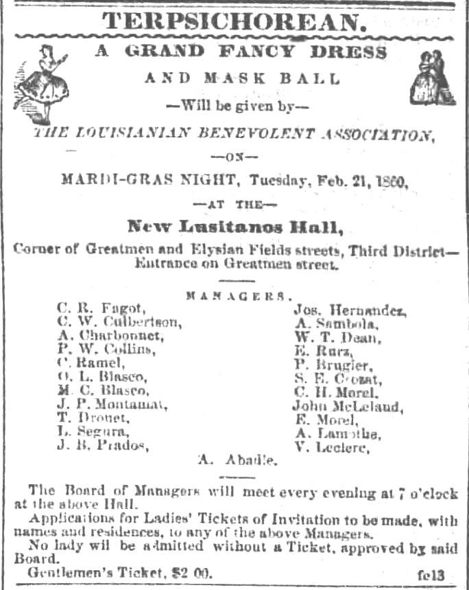 Kristin Holt | Victorian Americans and Mardi Gras. A Grand Fancy Dress and Mask Ball will be given by The Lousianan Benevolent Association on Mardi-Gras Night 1860. The New Orleans Crescent of New Orleans, Louisiana. February 13, 1860.