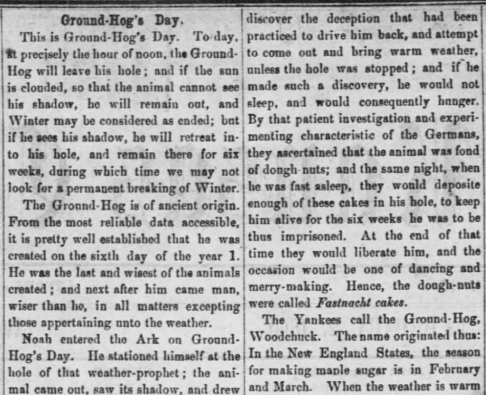 Kristin Holt | Victorian Americans Observed Groundhog Day? Part 1 of 6: Ground-Hog's Day, from White Cloud Kansas Chief Newspaper of White Cloud, Kansas, February 2, 1860.