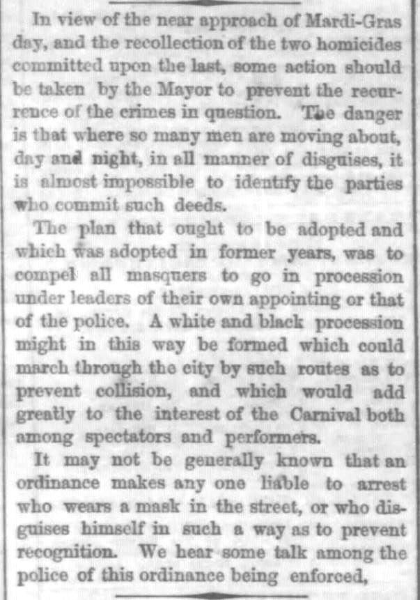 Kristin Holt | Victorian Americans and Mardi Gras. Crime occurs at Mardi-Gras. The Times-Democrat of New Orleans, Louisiana. February 21, 1868.
