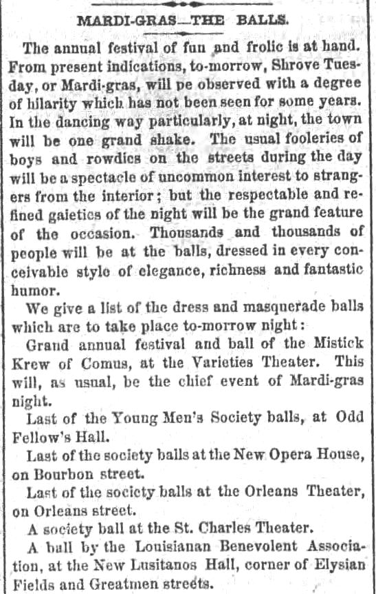 Kristin Holt | Victorian Americans and Mardi Gras. The Balls of Mardi Gras. The New Orleans Crescent, of New Orleans, Louisiana. February 20, 1860. Part 1 of 2.