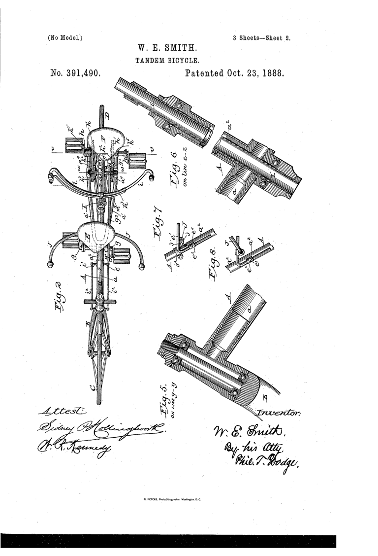 Kristin Holt | Bicycle Built for Two. Patent image: Smith Tandem Bicycle, U.S. Patent No. 391,490, October 23, 1888. Page 2 of 2. Note: rear seat steers.