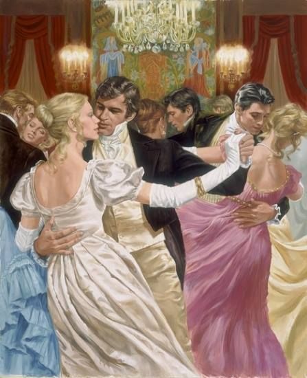 Kristin Holt | Victorian Dancing Etiquette. Artwork of candlelight ballroom, dancing couples. Courtesy of Pinterest.