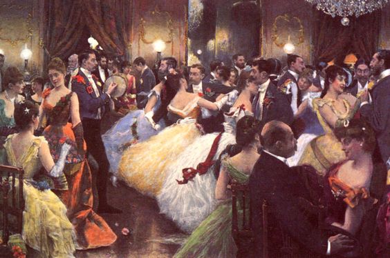 Kristin Holt | Victorian Dancing Etiquette. Vintage painting: The Hunt Ball (1885) by Julius LeBlanc Stewart. Includes portraits of actress Lillie Langtry and Baron Rothschild. Image: courtesy of Pinterest. 