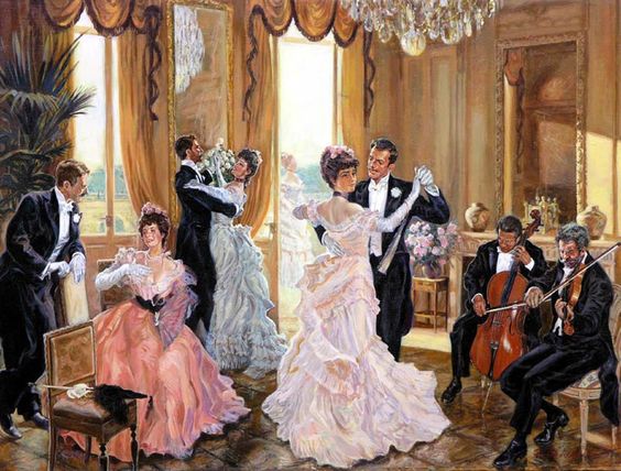 Kristin Holt | Victorian Dancing Etiquette. Color image of Victorian couples dancing to orchestral music. Image: Pinterest.