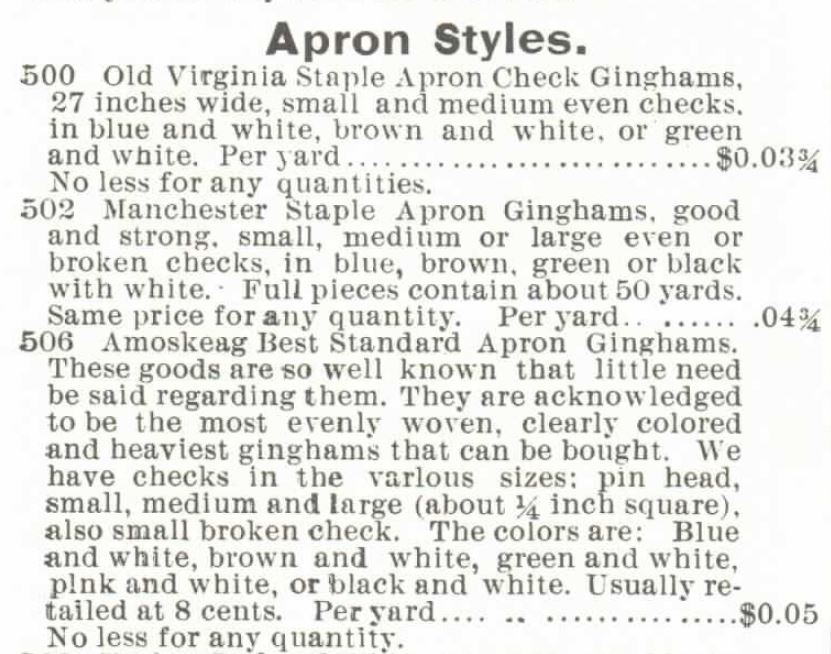 Kristin Holt | Gingham? Why gingham? Apron Styles of gingham offered in the Montgomery Ward & Co. Catalogue, Spring and Summer, 1895.