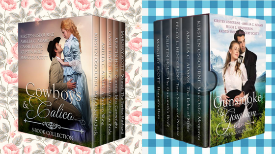 Kristin Holt | Gingham? Why gingham? Image of two boxed sets by multiple authors: Cowboys & Calico and Gunsmoke & Gingham