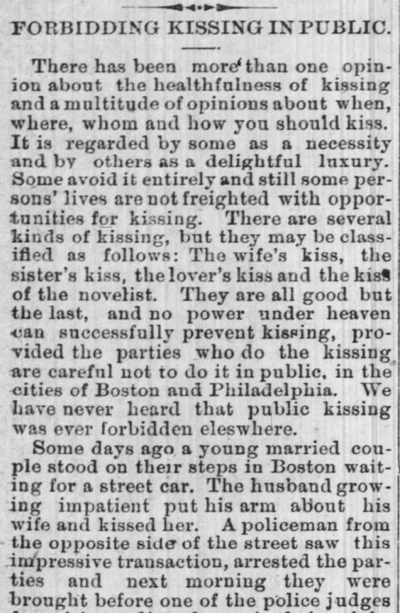 Kristin Holt | Law Forbidding Kissing...on the streets of Mountain Home? "Forbidding Kissing in Public," published in Greensboro North State of Greensboro, North Carolina, July 2, 1891. Part 1 of 2.