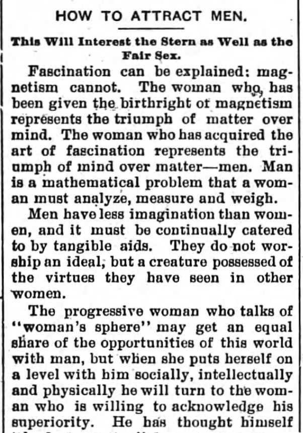 Kristin Holt | How to Attract Men, Part 1. Newspaper article: The Sun and the Erie County Independent of Hamburg, New York, April 6, 1894.