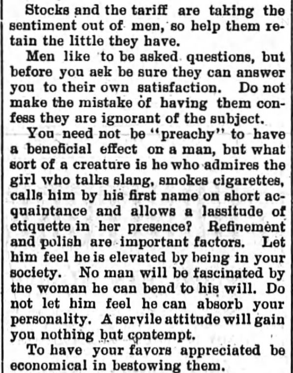 Kristin Holt | How to Attract Men, Part 3. Newspaper article: The Sun and the Erie County Independent of Hamburg, New York, April 6, 1894.