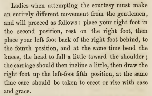 Kristin Holt | Victorian Dancing Etiquette. Ladies bow properly, with a dancer's grace. From The Amateur's Preceptor on Dancing and Etiquette by Prof. D. L. Carpenter of Philadelphia, 1854.
