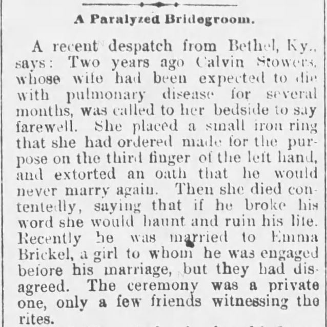 Kristin Holt | Paralized Bridegroom: January 15, 1888. Part 1 of newspaper article from The Sunday Leader of Wilkes-Barre, Pennsylvania on January 15, 1888.