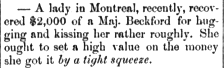 Kristin Holt | Law Forbidding Kissing...on the streets of Mountain Home? "Rough Kiss--courts determined she receive a huge sum in recompense." Published in The Grand Haven news of Grand Haven, Michigan on January 25, 1860.