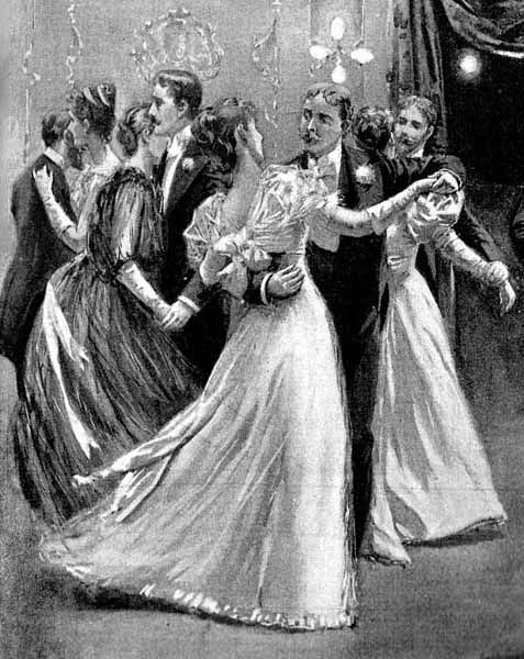 Kristin Holt | Victorian Dancing Etiquette. Black and white artist's illustration of late nineteenth-century couples dancing. Notice the hand positions. Image: Courtesy of Pinterest.