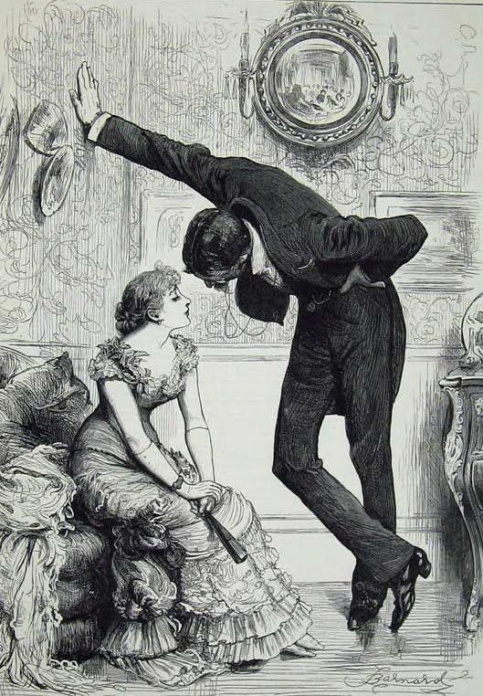 Kristin Holt | Victorian Dancing Etiquette. Artist's image of a gentleman conversing with a lady. Courtesy of Pinterest.